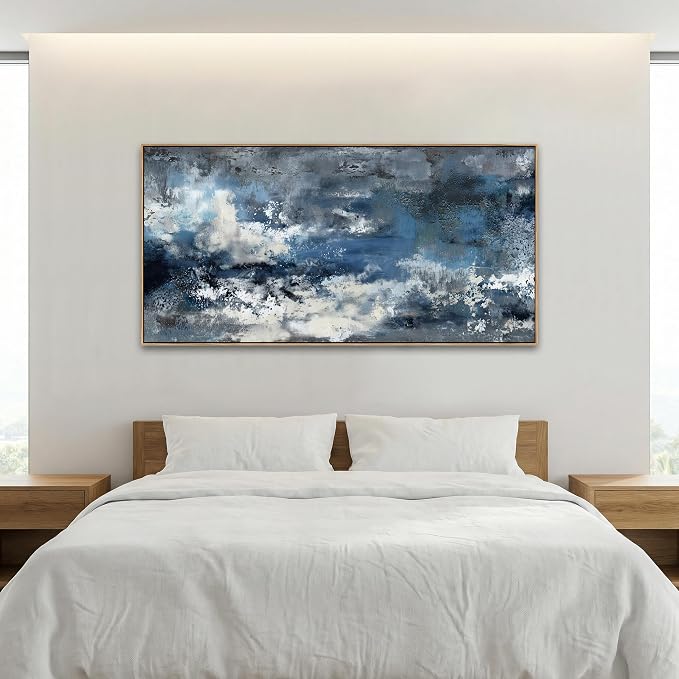 The Mode Art Framed Wall Art Abstract Ocean Canvas Pictures Blue White Grey Modern Seascape Artwork for Living Room Bedroom Office 20x40inch