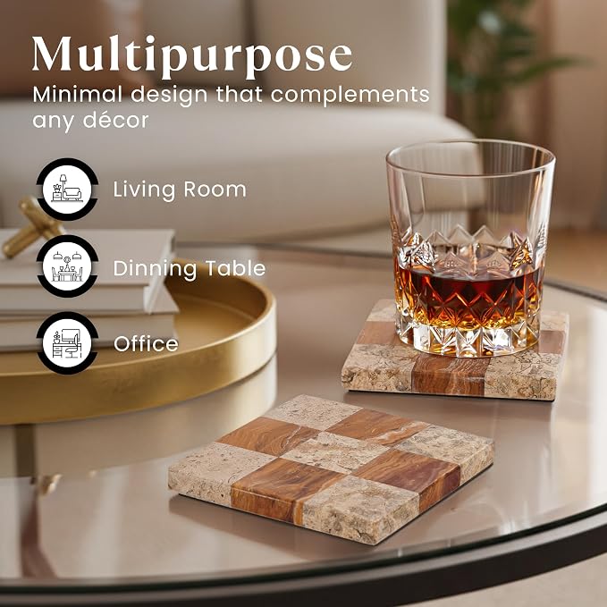 Marble Coasters Set of 4, Coral & Red Handmade 4 inch Square Natural Marble Coaster, Elegant Drink Checkered Coasters for Coffee Table, Stylish Bar Accessories & Home Décor