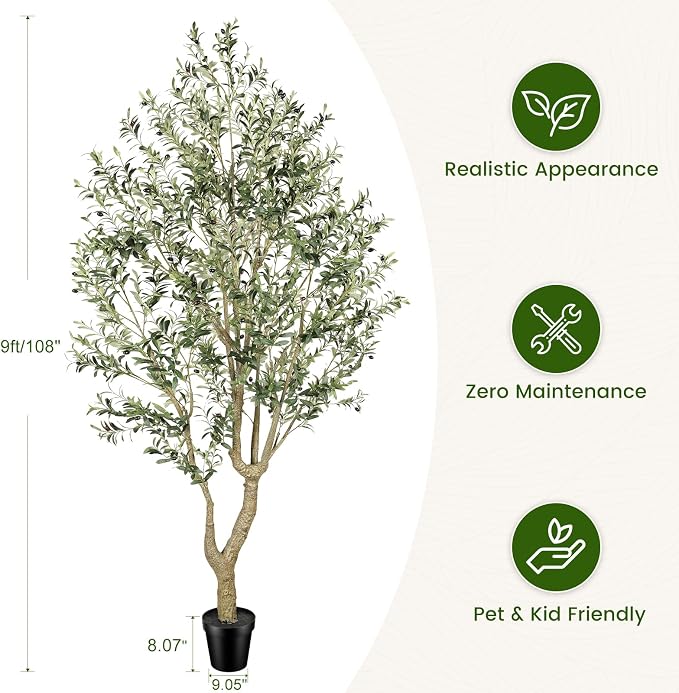 FEELEAD Tall Faux Olive Tree - 10ft (120in) Realistic Artificial Olive Tree, Large Fake Olive Tree with Realistic Leaves & Fruits, Olive Trees Artificial Indoor for Home, Office, Living Room Decor