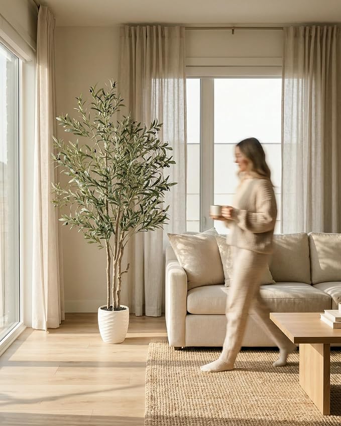 KOL 6ft Artificial Olive Tree Indoor, Tall Faux Olive Trees, Lifelike Fake Olive Tree Floor Plant for Home Office Living Room Decor with Matte Beige Pot