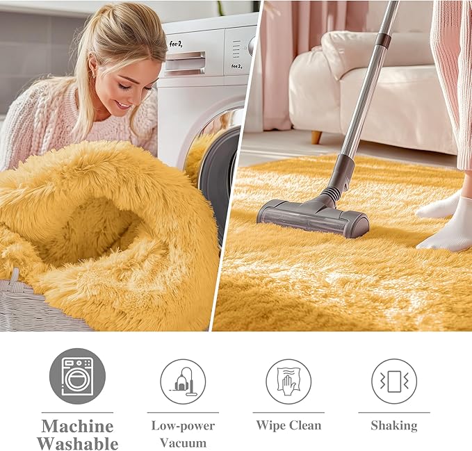 OLANLY Mustard Yellow Round Rugs for Bedroom - Machine Washable, 3 ft Circle Area Rugs for Living Room, Soft and Fluffy Shaggy Carpet for Teen Girl and Boys, Nursery Rooms, Dorms, Home Decor Aesthetic
