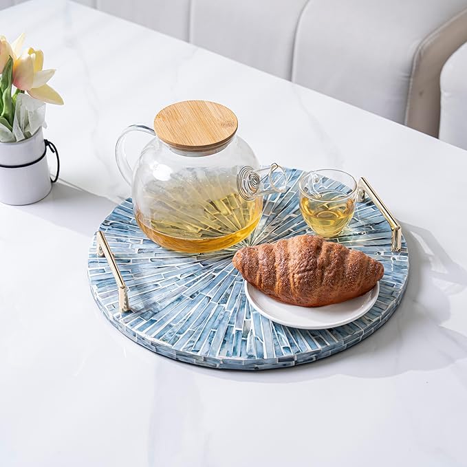 PEMAR Mother of Pearl Decorative Tray, 13" Round Versatile Display and Serving Tray with Gold Handles, Vanity/Perfume/Trinket Catchall for Dresser, Bathroom, Vanity Table (Blue Starburst)