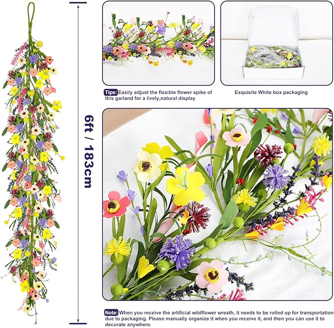 2Pcs 6 ft Artificial Wildflower Garlands Wisteria Lavender Garland Daisy Lavender Faux Floral Vine Summer Spring Floral Fake Wreath All Year Round Home Decor for Indoor Outdoor Home Wedding Arch