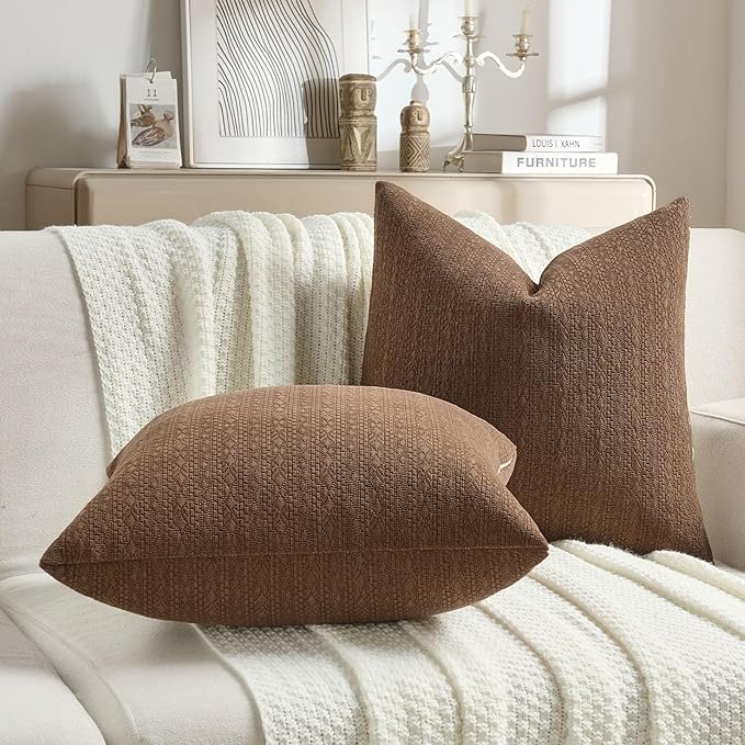 FUTEI Dark Brown Chenille Throw Pillow Covers 22x22 Inch Set of 2,Soft Striped & Diamond Textured Cushion Cases,Modern Home Decor for Couch Living Room