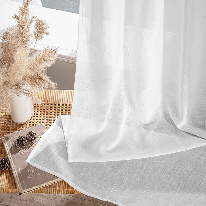 MIULEE White Linen Curtains Short 54 Inch Long 2 Panels for Kitchen Bedroom, Soft Thick Linen Textured Window Drapes Semi Sheer Light Filtering Back Tab Rod Pocket Burlap Look Decor