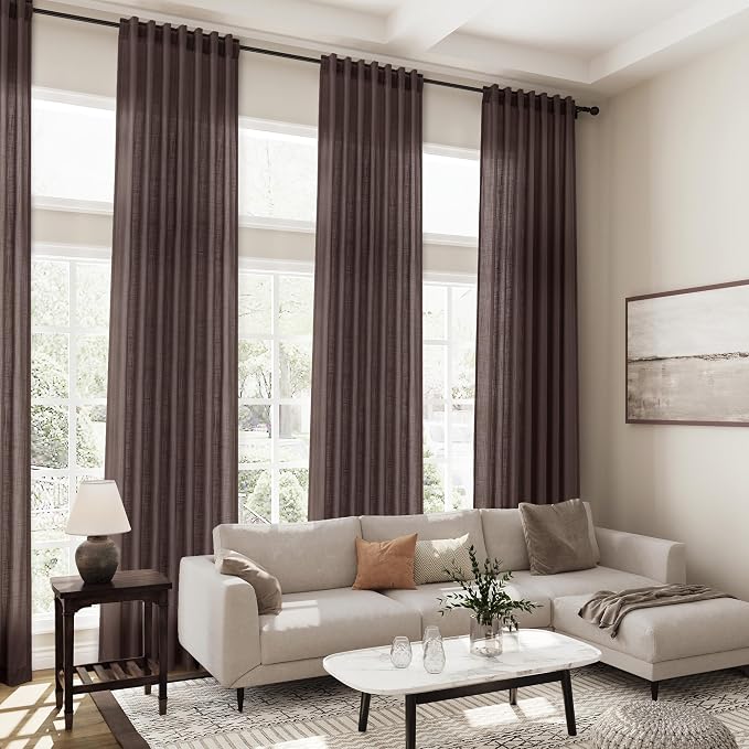 Nanspring Coffee Linen Curtains for Living Room Back Tab Rod Pocket Semi Sheer Curtains 100 Inches Long 2 Panel Set Light Filtering Neutral Boho Farmhouse Lightweight Drapes for Bedroom 52x100