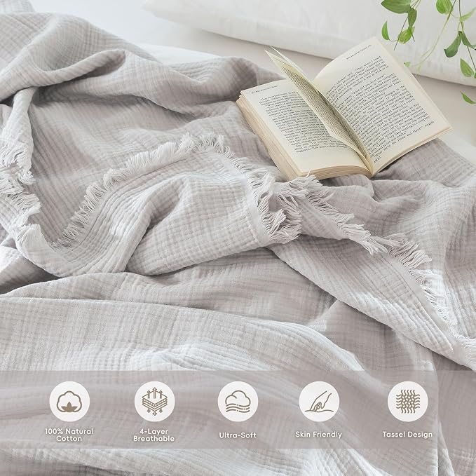 MooMee Muslin Blanket - 100% Cotton 4-Layer Gauze Throw Blanket with All-Around Fringe, Soft Breathable Lightweight Cooling Summer Blankets for Bed Couch (Light Grey,Throw XL 50" x 70")