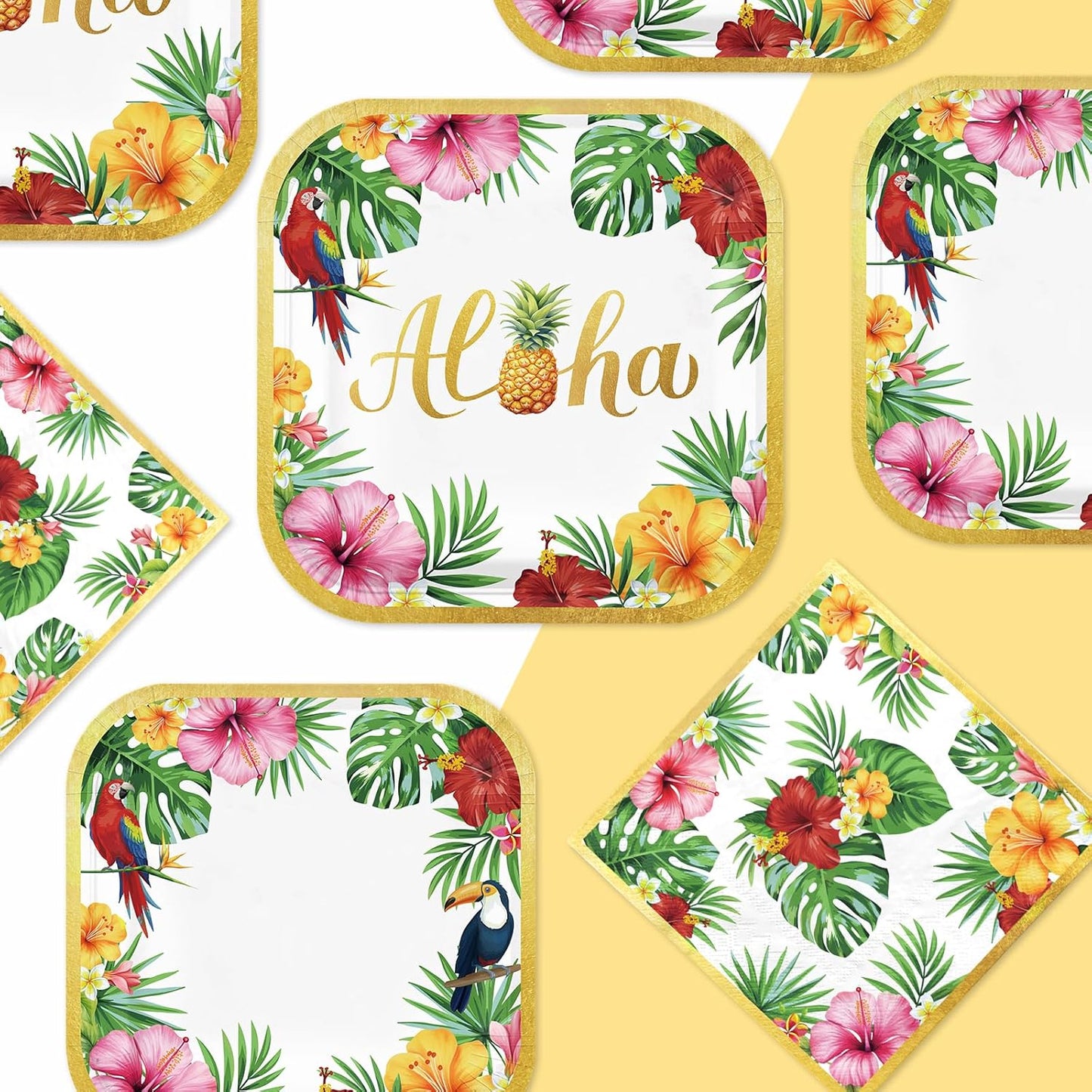 Grencian 200Pcs Hawaiian Luau Party Decorations Aloha Tropical Hibiscus Floral Luau Plates and Napkins Palm Leaf Tableware Sets for Summer Holiday Hawaiian Birthday Dinner Party Supplies Serves 50