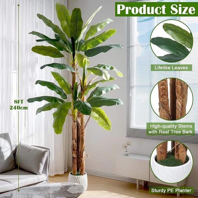 8FT Artificial Banana Tree Faux Banana Leaf Plant Artificial Tropical Tree Outdoor Large Faux Plants Indoor Fake Tree for Patio Balcony Garden Living Room Office Decor (with Faux Moss)