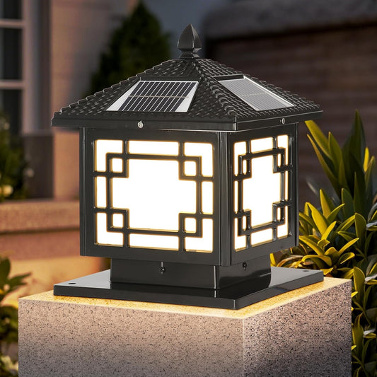 SLAWA 9.8In Solar Lighting Lantern Outdoor Post Caps Light with Solar Powered LED Column Lamp Black Square Waterproof Pillar Lamp Outside Housing Landscape Lighting Fence Deck Mailbox Pedestal Lantern