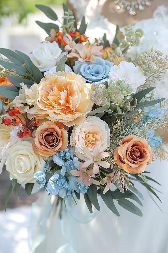 rongflower Artificial Flowers Combo Fake Silk Flowers Fall Bouquets for DIY Wedding Bouquets Centerpieces Party Baby Shower Home Decorations (Blue White)