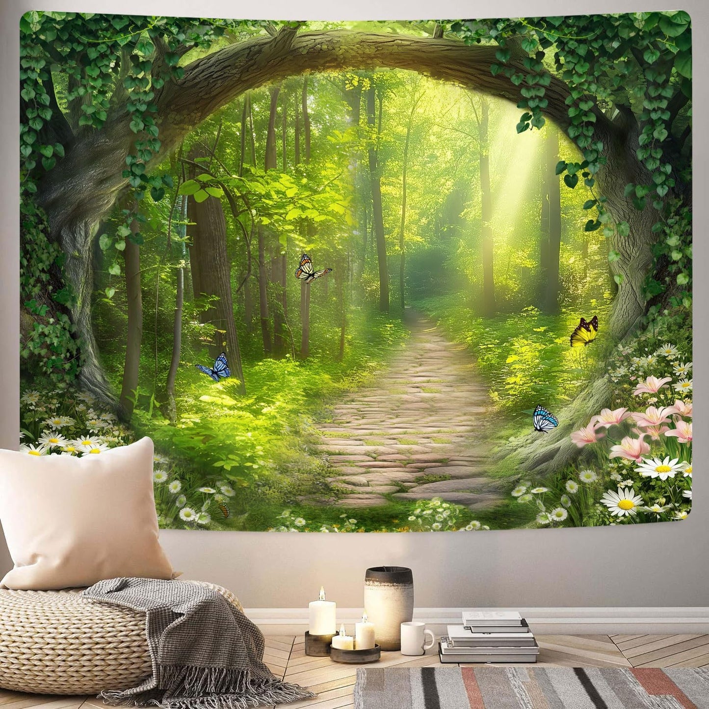 Nature Enchanted Forest Tapestry, Fantasy Green Jungle Woodland Lanscape Tapestries Wall Hanging, Psychedelic Fairy Tree Cave Forest Tapestry for Bedroom Backdrop Office, 60X40