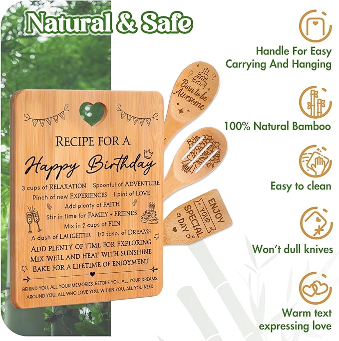 Birthday Gifts for Women - "Recipe for a Special Happy Birthday" Birthday Gifts for Men Cutting Board Set, Bamboo-Made Engraved Utensil Set Gifts for Women Birthday.