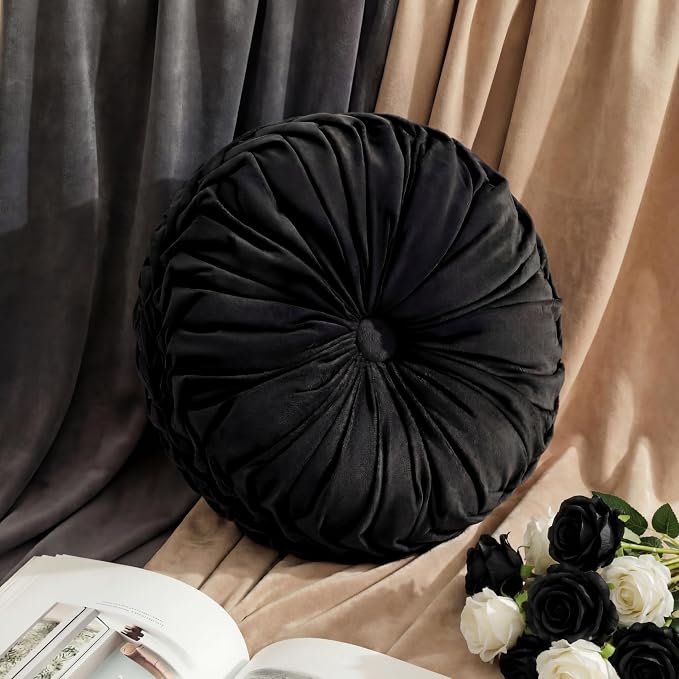 Drydiet 1 Pcs Round Throw Velvet Pillows Decorative Pleated Throw Pillows Diameter Accent Pumpkin Boho Chair Cushion for Couch Sofa Home Decoration (Black,15'')