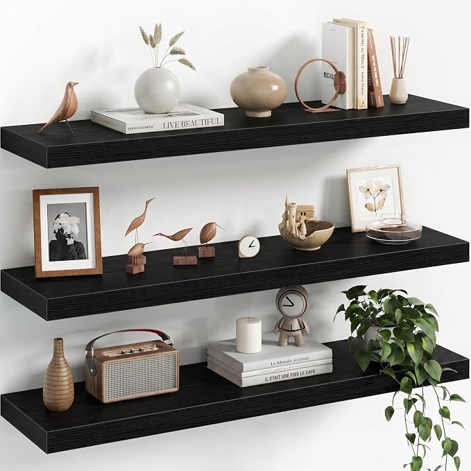 Fun Memories 32Inch Floating Shelves for Wall, 8 Inch Deep Shelves for Bathroom|Bedroom|Kitchen Wall Mounted, Wood Hanging Shelf with Invisible Brackets for Home Storage Decor, Black - 3 Pack