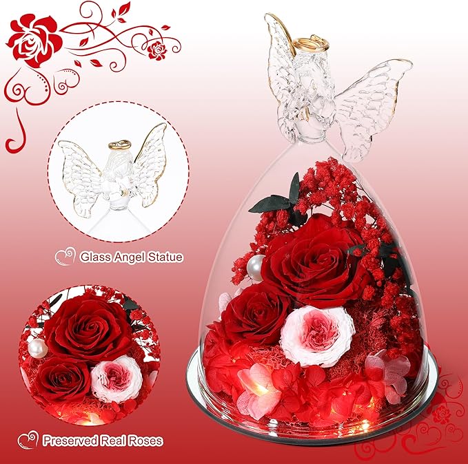 Mothers Day Rose Gifts for Women Preserved Real Flower in Glass Angel Figurines Roses for Delivery Prime Birthday Gifts for Mom Grandma Girlfriend Wife Her,Red Pink Austin Roses