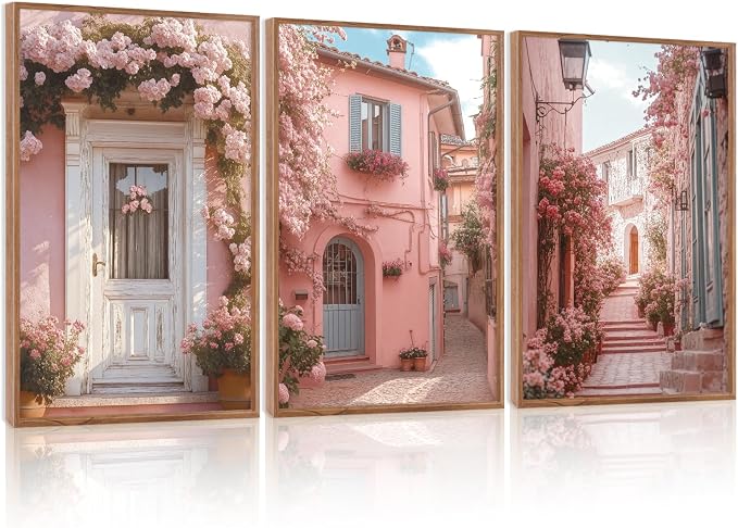 LHIUEM Vintage Italy City Landscape Framed Canvas Wall Art,Pink Flowers Street Romantic House Wall Decor,Malta Modern Natural Romance Country Artworks for Living Room,Bedroom,Office 16"X24"X3
