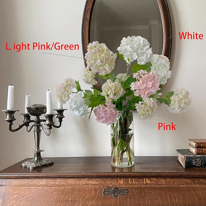 YalzoneMet RUZUQE 4 Pcs Light Pink/Green Artificial Snowball Viburnum Flower Small Blooms Hydrangea Real Touch Faux Latex 26.8'' Long Stem Snowball Flower for Spring Home Decoration Table Centerpiece