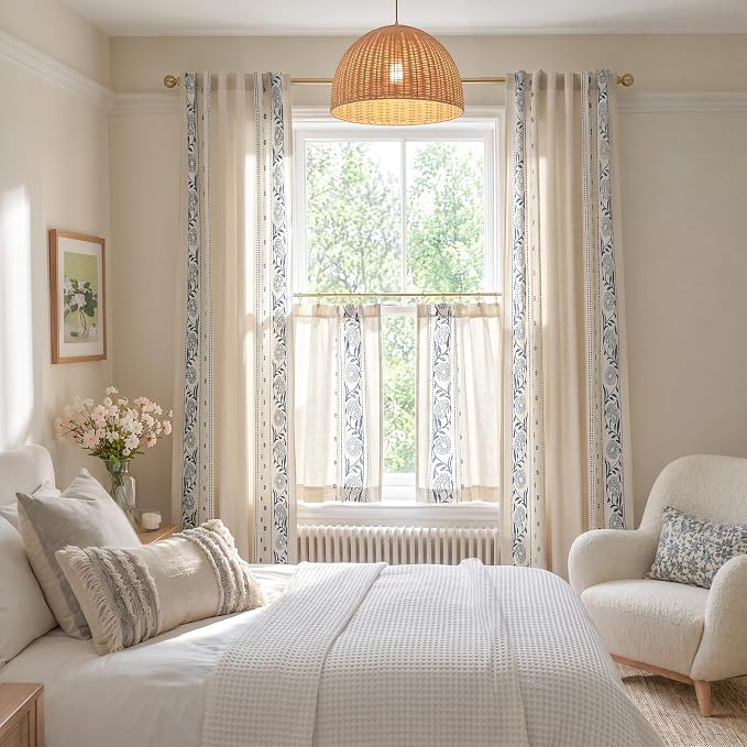 jinchan Winslow Linen Kitchen Curtains 36 Inch Length Small Window Curtains Embroidered Bordered Floral Drapes Light Filtering for Bathroom Laundry Room Farmhouse Decor Blue on Beige 2 Panels