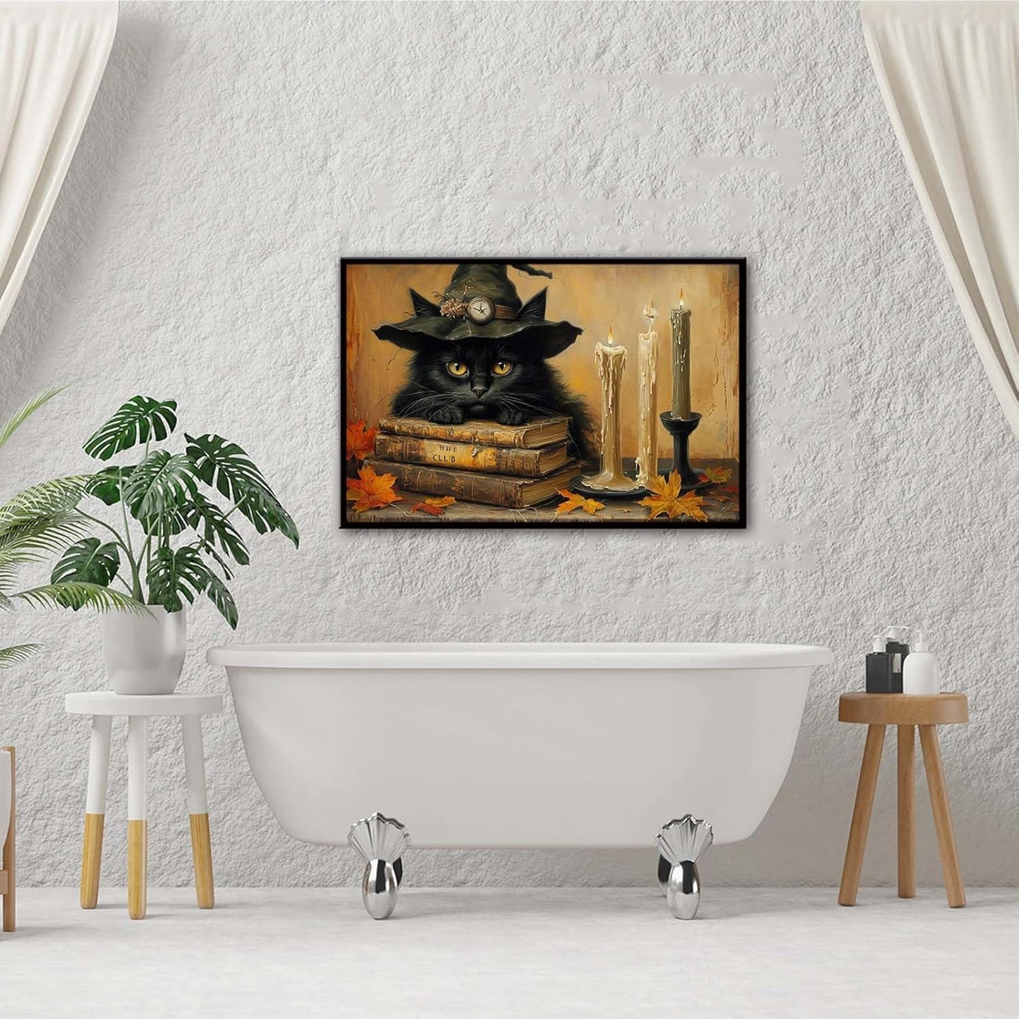 JFHCQJPK Vintage Halloween wall decoration black cat and magic book suitable for home bedroom living room decoration dark classic art witch wall decoration16x24in Metal blackFramed