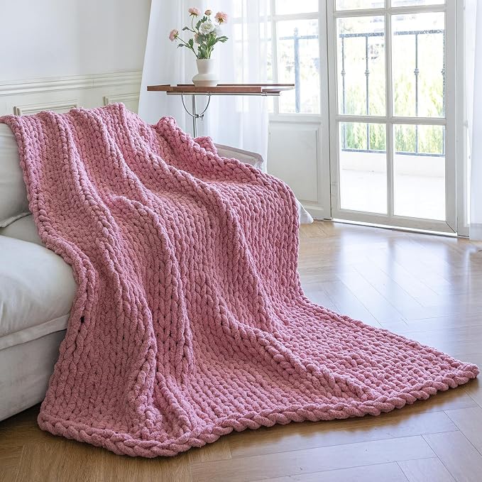 Chunky Knit Blanket - Luxury Soft Cozy 50 * 60 Throw Blanket,100% Woven Blanket Rope Knot Throw Blanket for Couch, Sofa, Home Decor, Gift - Machine Washable (Pink, 50 * 60)