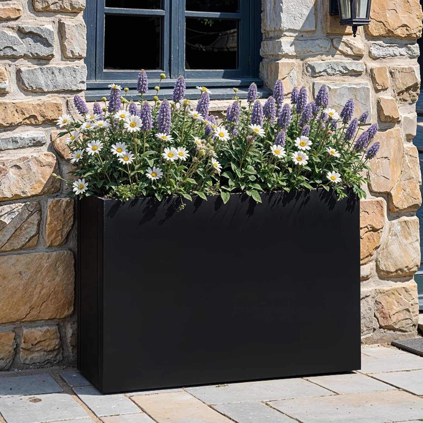 IDZO Metal Planter Box, Privacy Trough for Patio, Rectangle Container for Outdoor Plants, Tall Large Rectangular Steel Bed for Outdoor Greens with Drainage Holes & Adjustable Feet, Black