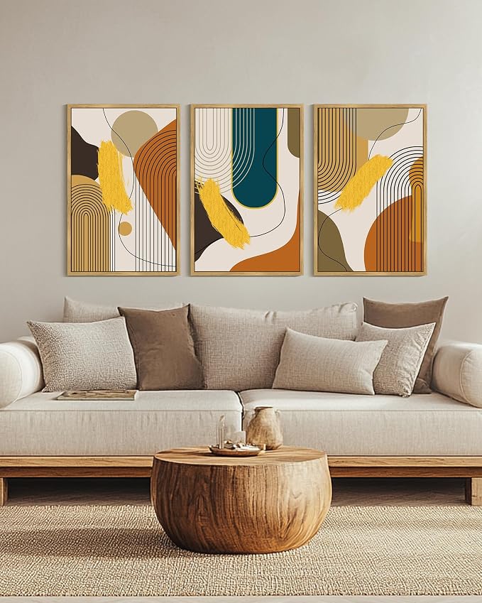 PHOPAGO Boho Abstract Framed Wall Art Large 24x36in Mid-Century Modern Bohemain Minimalist Luxury Gold Line Artwork Hallway Bedroom Decor - Natural Framed