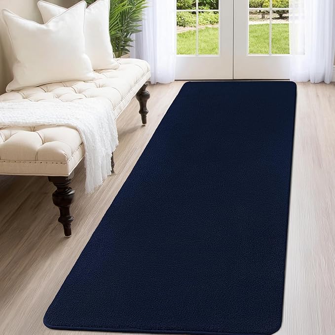 qulint Navy Blue Runner Rugs for Hallway 2x6, Modern Non Slip Washable Runner for Kitchen Soft Thickened Memory-Foam Indoor Entryway Rug, Minimalist Solid Carpet for Bedroom Laundry Home Decor