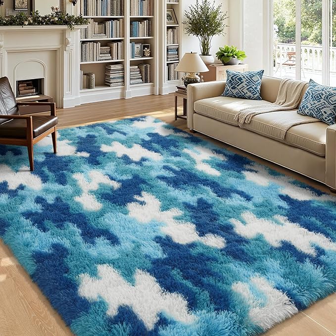 AROGAN Soft Fuzzy Kids Rugs for Girls Room Playroom 3x5 Feet, Fluffy Cute Colorful Princess Carpet for Kids Teens Nursery Toddler, Bedroom, Camouflage Blue and White