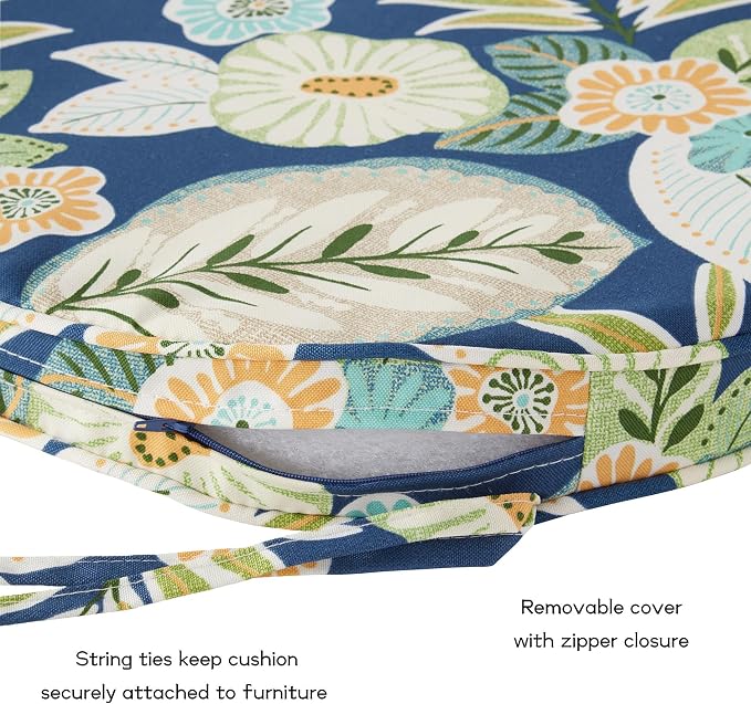 Set of 2 Outdoor 18 inch Round Patio Dining Chair Pads – Comfortable Fiber-Filled Seat Cushions with Ties, Reversible Polyester Fabric, Marlow Blue Floral