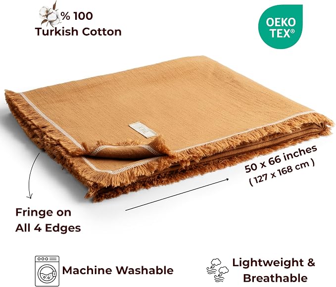 Odin Waffle Throw Blanket with Tassels, 50x66 Inch, 100% Turkish Cotton, Oeko-TEX Certified, Breathable Lightweight Throw for Couch, Sofa & Bed, Made in Turkey, Mustard