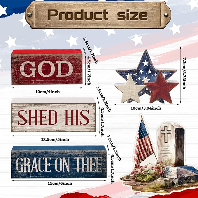 CroBlissful 4 Pcs 4th of July Decorations Patriotic Memorial Day Tabletop Decorations Red White Blue Table Centerpieces Sign for Office Tiered Tray Home Shelf 250th Anniversary(God)