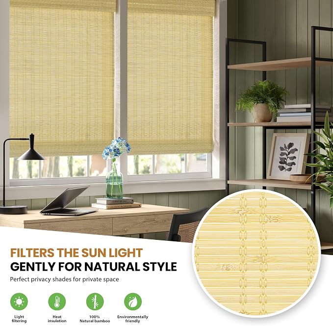 LazBlinds No Drill Bamboo Roman Shades, 44x64, Ceylon Natural | Light Filtering Window Treatment, No Tools Cordless Roll Up Bamboo Blinds for Window