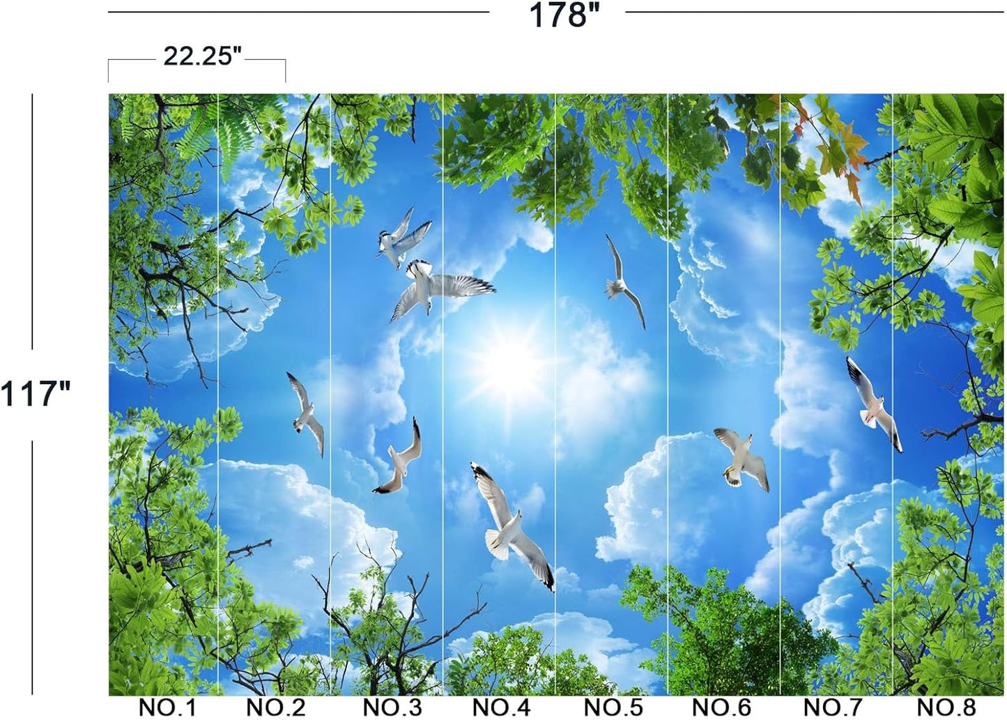 Sky Seagull Green Tree Ceiling 3D Wall Mural Wallpaper 178" x 117"