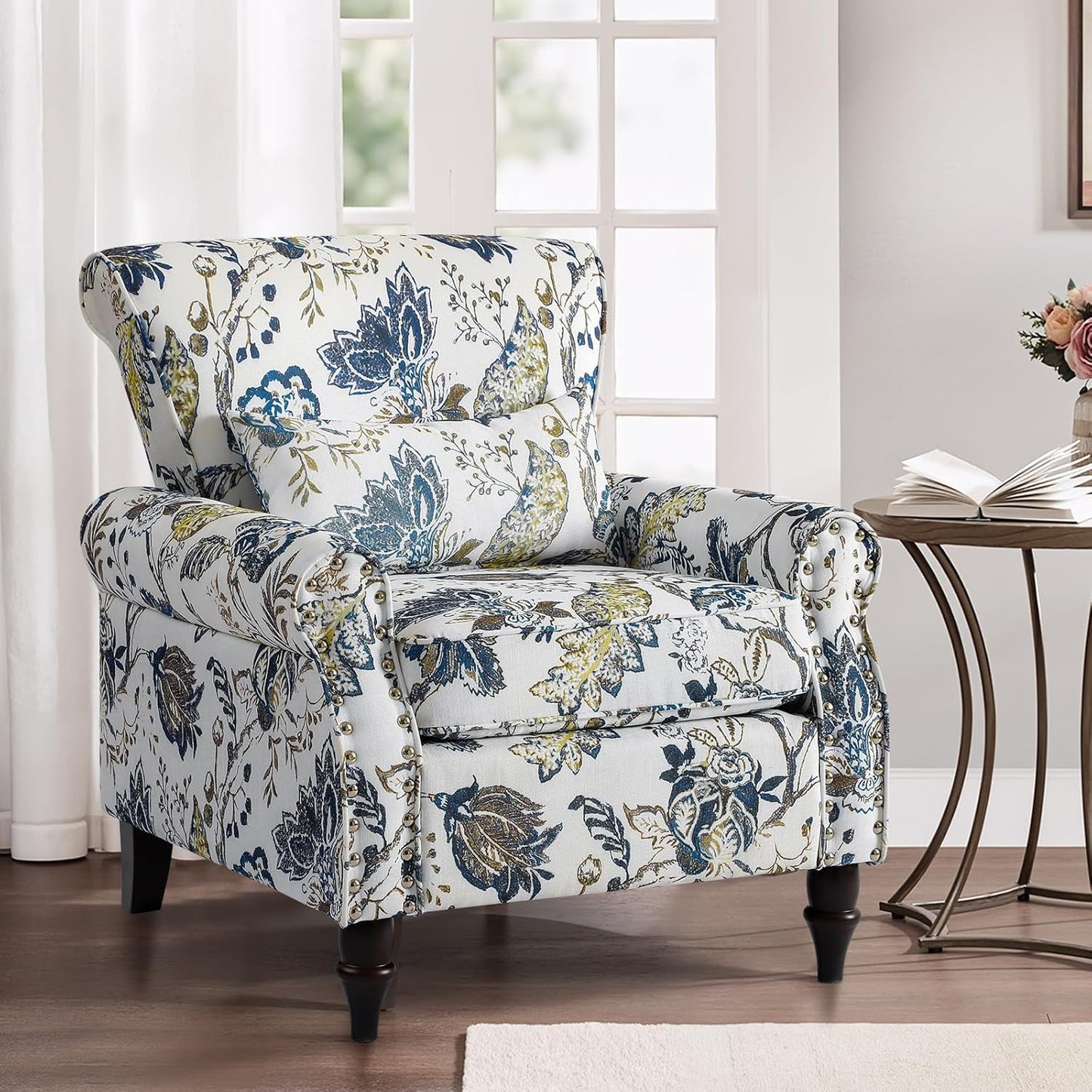 Wingback Accent Chair with Removable Pillow, High Back Floral Armchair with Solid Wood Legs & Nailhead Trim, Comfy Upholstered Reading Single Sofa Chair for Bedroom (1, Blue Floral Pattern)