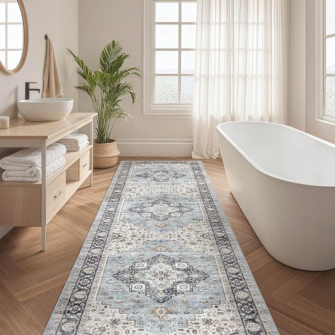 Runner Rug Kitchen Washable Rugs: 3x10 Non-Slip Boho Vintage Distressed Stain Resistant Indoor Neutral Farmhouse Throw Carpet for Hallway Bathroom Laundry Room Entryway Bedroom- Blue Tan