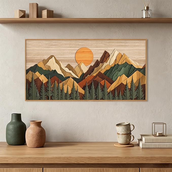 Celestdeco Large Woodcut Style Mountain Framed Canvas Wall Art Set,Woodsy Rustic Ridge Wall Decor,Boho Pine Tree Forest Wall Painting,Abstract Sunrise Wooden Art Print for Living Room,Bedroom,Office-20"X40"(Not-3D Effect)