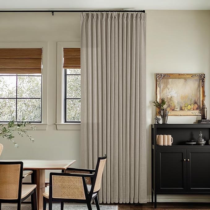 Pinch Pleated Linen Curtains 112 Inches Long for Living Room 2 Panels Set Greyish Beige Flax Double Pleated Drapes Back Tab Farmhouse Ceiling Floor 112 Inch Window Curtains Bedroom Burlywood Birch