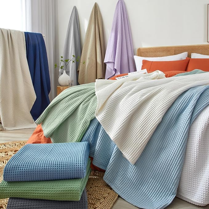 PHF Pre-Washed 100% Cotton Waffle Weave Throw Blanket for Couch, Lightweight Breathable Bed Blanket for Spring Summer, Snag Proof Machine Washable, Home Decor Gift - Navy Blue/Bright Blue