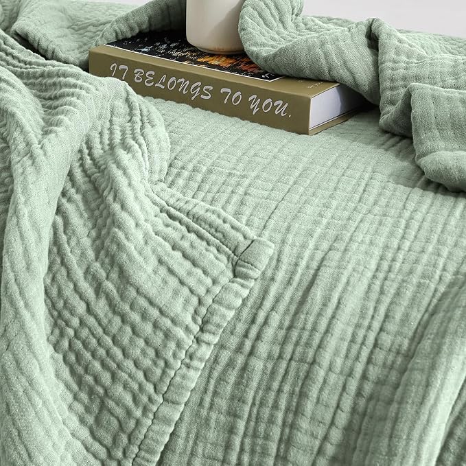 David's Home Soft Muslin Blanket King Size for Adults, 60% Rayon 40% Cotton, Breathable Lightweight Cooling Blanket for Hot Sleepers, 4-Layer Cozy Gauze for Bed, 108"x90", Sage Green