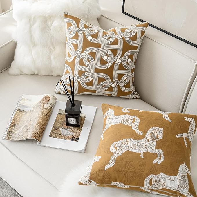 Croker Horse 18x18'' Inches Throw Pillow Cushion Cover - Pig Nose Horseshoe Pattern Chenille Jacquard Embroidery Luxury Modern Style Couch Sofa Pillow for Living Room Bedroom