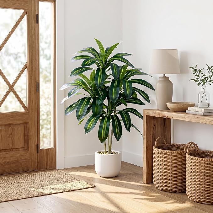 Artificial Dracaena Tree-4FT Fake Plants with White Planter-Artificial Plants Indoor Floor Plant in Pot-Tropical Fake Yucca Potted Tree for Home Office Living Room Decor