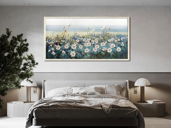 Arjun Flower Wall Art Canvas Framed Daisy Floral Textured Painting for Living Room, Extra Large Bedroom Picture Artwork Dining Room Office Home Wall Decor, 58"x29"