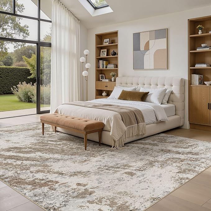 DMOYEST 10x12 Washable Area Rug: Abstract Modern Non-Slip Carpet, Soft Low Pile Indoor Neutral Easy Clean Floor Rugs for Living Room Bedroom Dining Room Kids & Pets - Brown