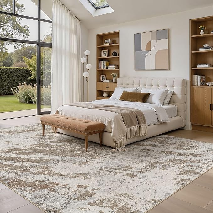 DMOYEST 8x10 Washable Area Rug: Abstract Modern Non-Slip Carpet, Soft Low Pile Indoor Neutral Easy Clean Floor Rugs for Living Room Bedroom Dining Room Kids & Pets - Brown