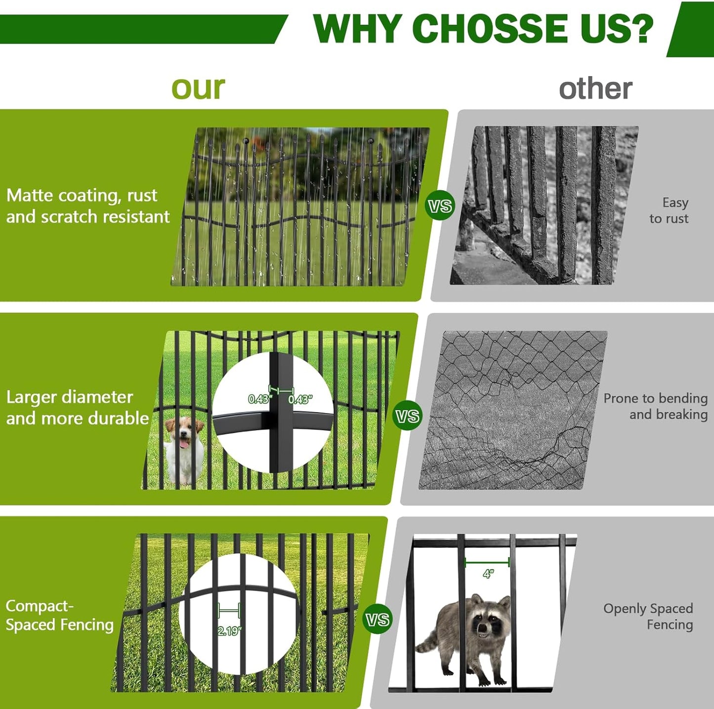 8 Panels Tall No Dig Garden Fence - 40in H x 18ft L, Reinforced Square Tube Rustproof Animal Barrier, Decorative Metal Fencing for Yard & Outdoor Dog Pet Play Areas