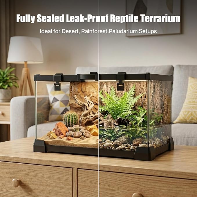 15 Gallon Fully Assembled Glass Reptile Enclosure, 20" x 12" x 14" | Escape-Proof Top Opening Terrestrial Reptile Terrarium Tank for Leopard Geckos, Corn Snakes, Frogs & Hermit Crabs