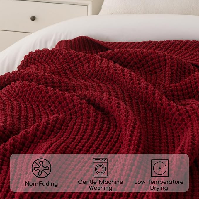 Bunnikins & Clover Christmas Throw Blanket for Couch, Knitted Waffle Throw Blanket, Red Blanket Throw for Women Mothers Birthday Gifts, 60"x80"