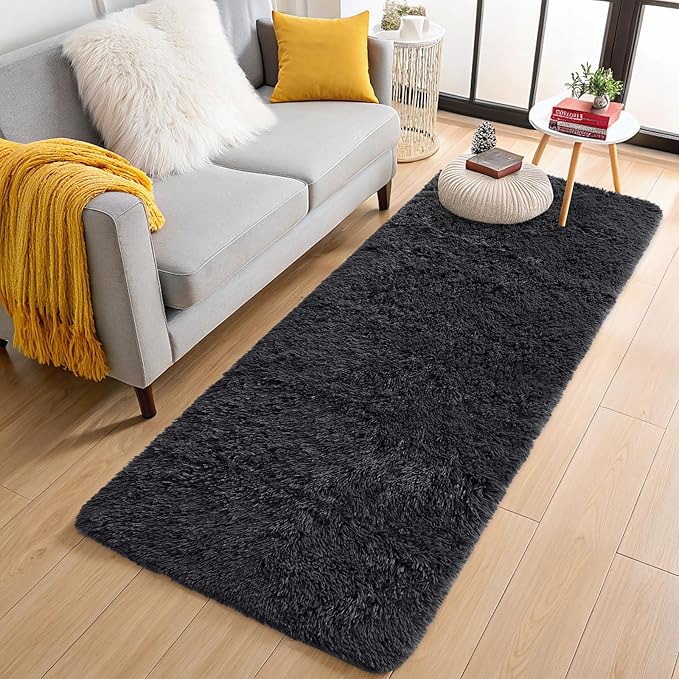 OLANLY 2x11 Machine Washable Runner Rugs for Hallway, Soft Fluffy Shaggy Bedside Rugs for Bedroom, Living Room, Indoor Floor Carpet for Kids Girls and Boys, Nursery Rooms, Home Decor Aesthetic, Black