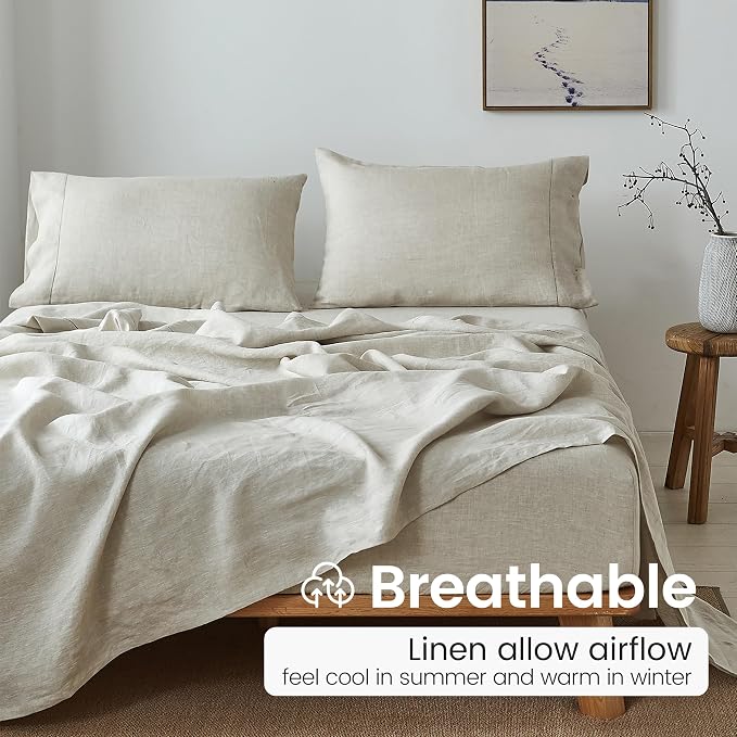 100% French Linen Pillowcases with Handmade Hemstitch Lace - Pack of 2 - Washed Solid Color Natural Flax Soft Breathable - Linen, 20'' x 30''